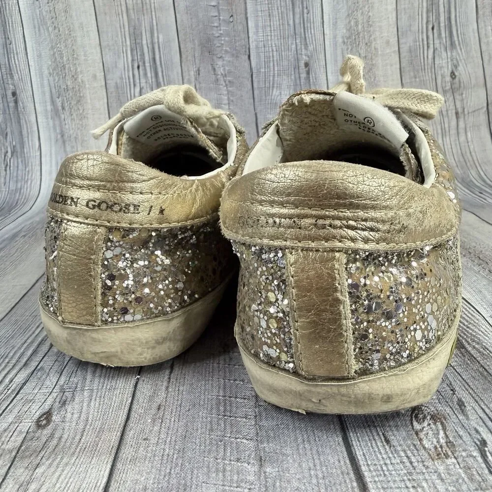 Golden Goose Super-Star Girls Size 1.5Y EUR 34 Silver Glitter Shoes Sneakers